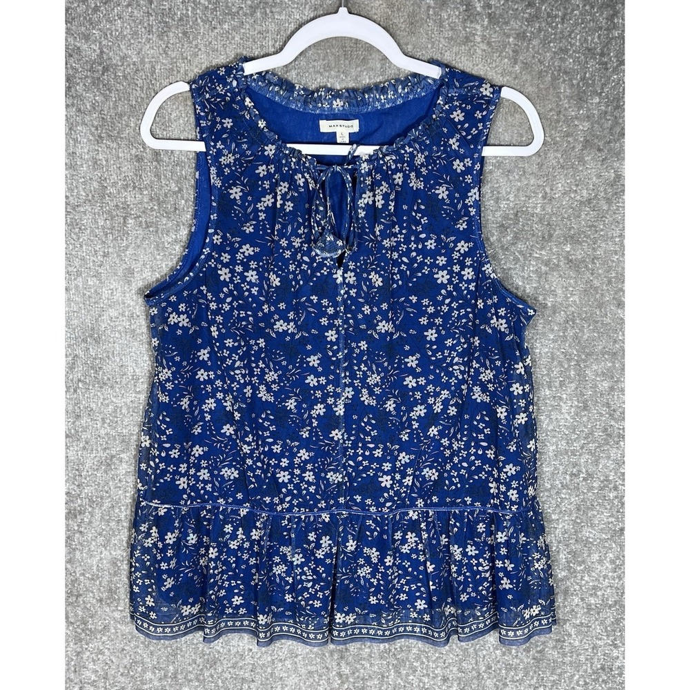 Max Studio Sheer Mesh Lined Tank Top Womens Large Blue Floral Keyhole Ruffle